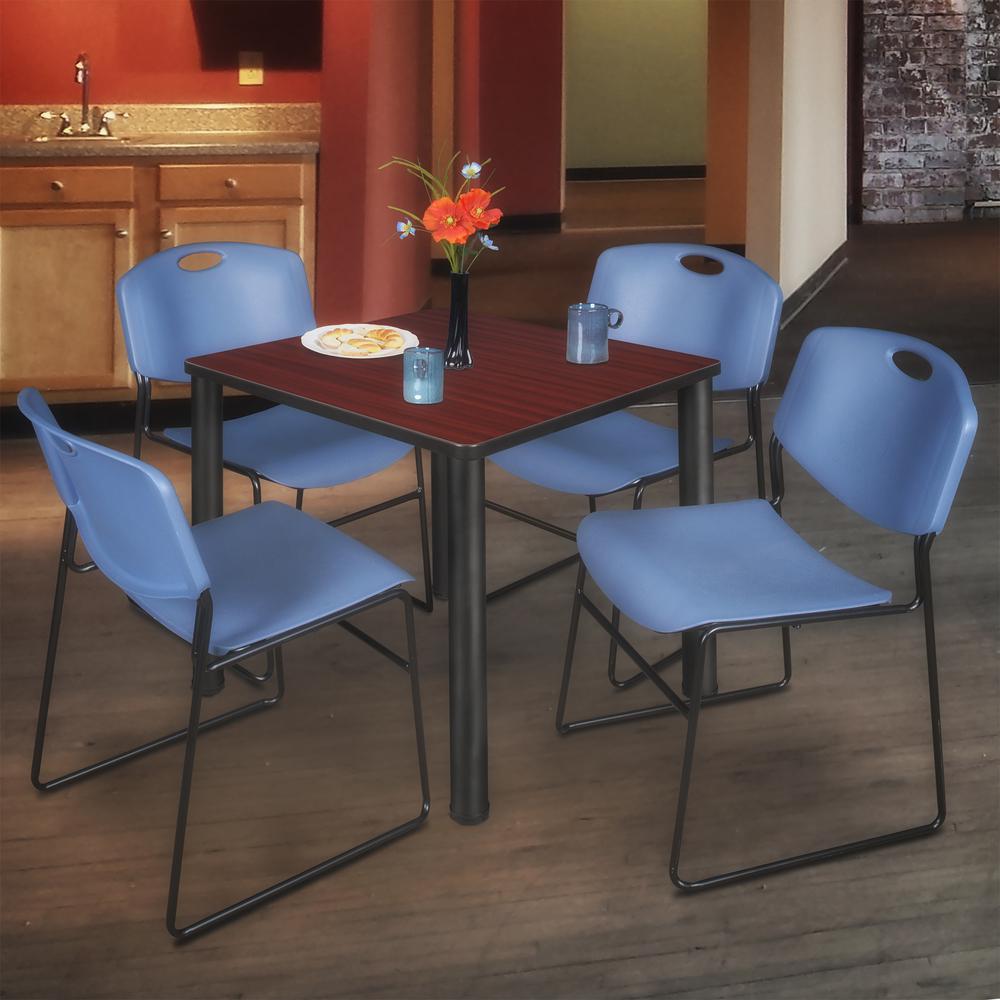 Kee 30" Square Breakroom Table- Mahogany/ Black & 4 Zeng Stack Chairs- Blue. Picture 2