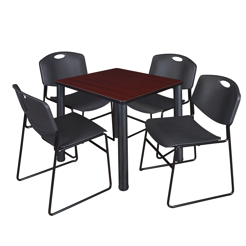 Kee 30" Square Breakroom Table- Mahogany/ Black & 4 Zeng Stack Chairs- Black. Picture 1