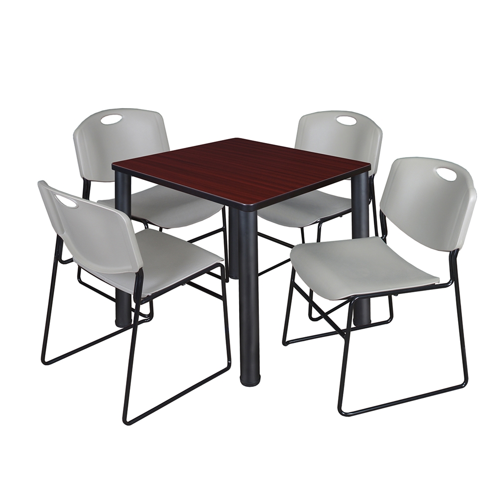 Kee 30" Square Breakroom Table- Mahogany/ Black & 4 Zeng Stack Chairs- Grey. Picture 1