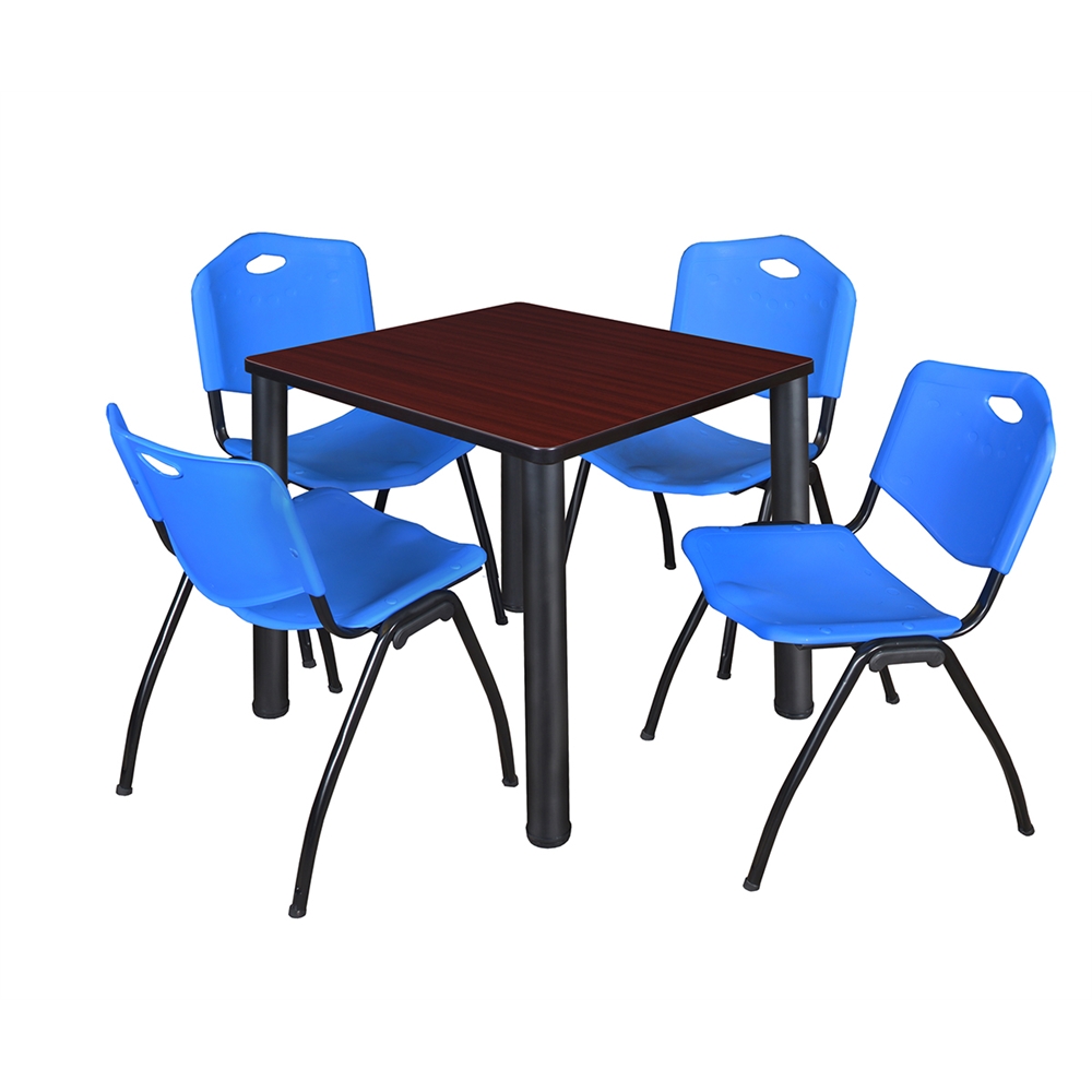 Kee 30" Square Breakroom Table- Mahogany/ Black & 4 'M' Stack Chairs- Blue. Picture 1