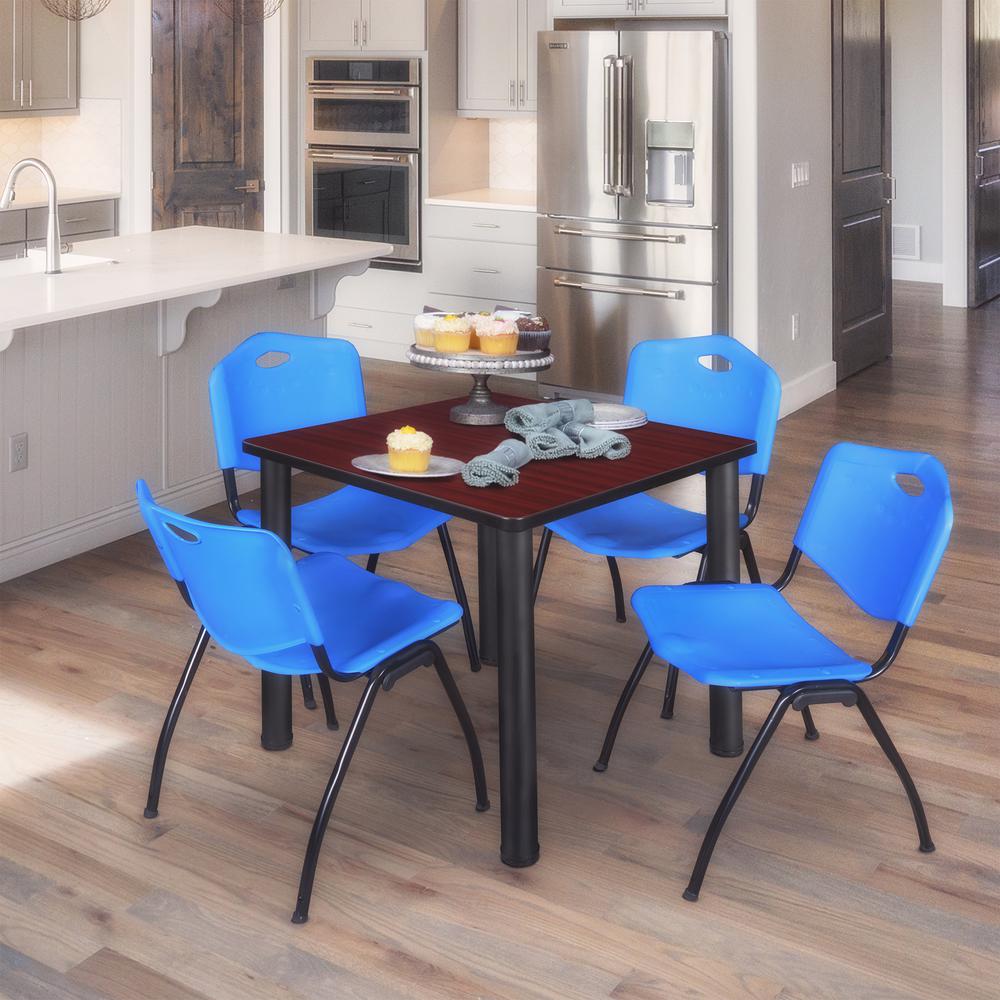 Kee 30" Square Breakroom Table- Mahogany/ Black & 4 'M' Stack Chairs- Blue. Picture 2