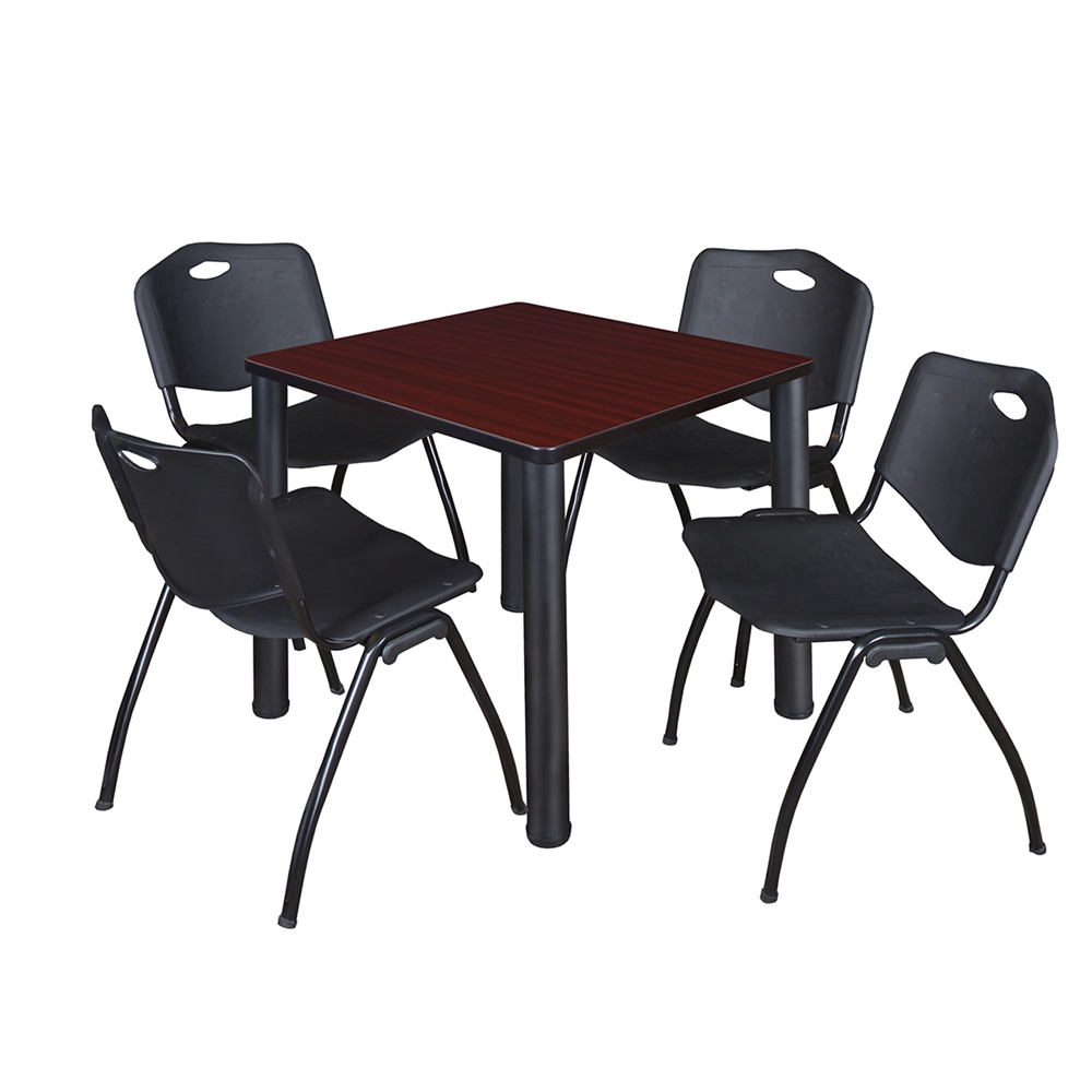 Kee 30" Square Breakroom Table- Mahogany/ Black & 4 'M' Stack Chairs- Black. Picture 1