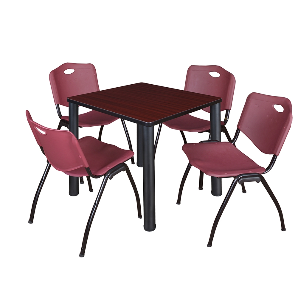 Kee 30" Square Breakroom Table- Mahogany/ Black & 4 'M' Stack Chairs- Burgundy. Picture 1