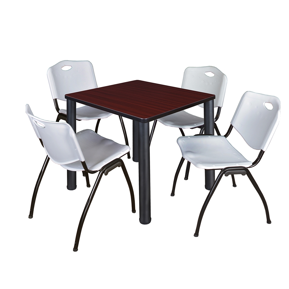 Kee 30" Square Breakroom Table- Mahogany/ Black & 4 'M' Stack Chairs- Grey. Picture 1