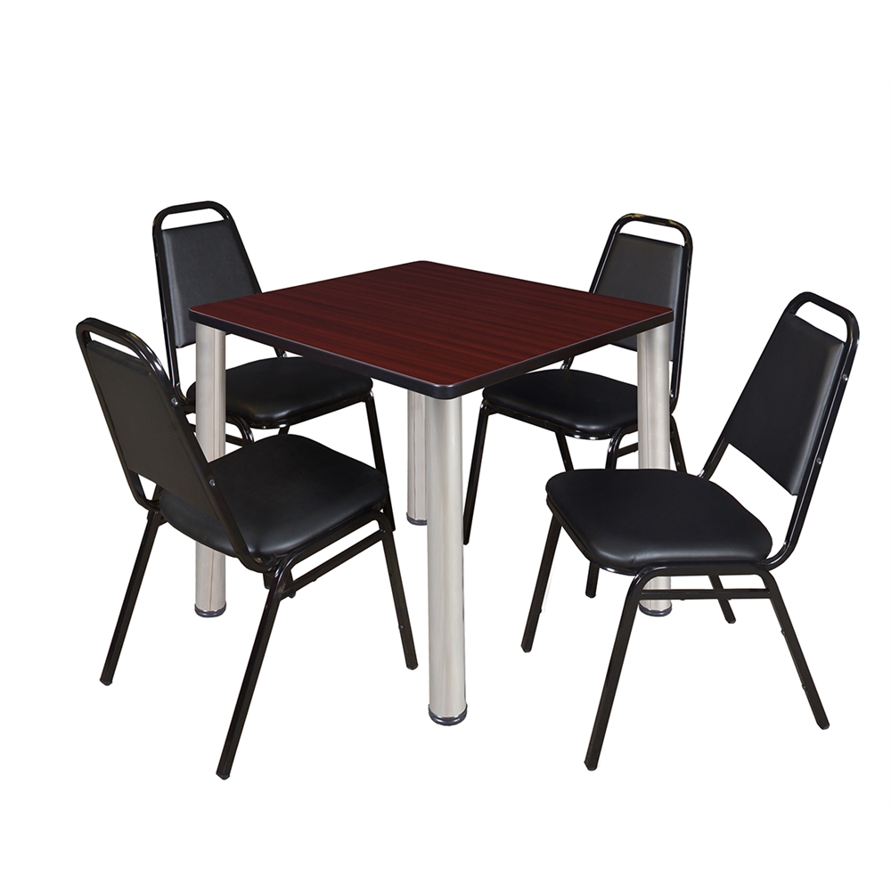 Kee 30" Square Breakroom Table- Mahogany/ Chrome & 4 Restaurant Stack Chairs- Black. Picture 1
