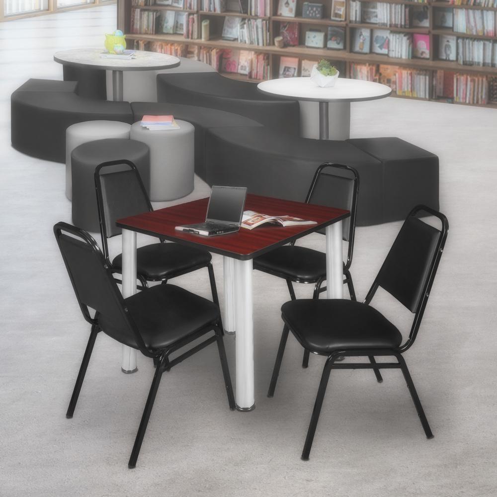 Kee 30" Square Breakroom Table- Mahogany/ Chrome & 4 Restaurant Stack Chairs- Black. Picture 2
