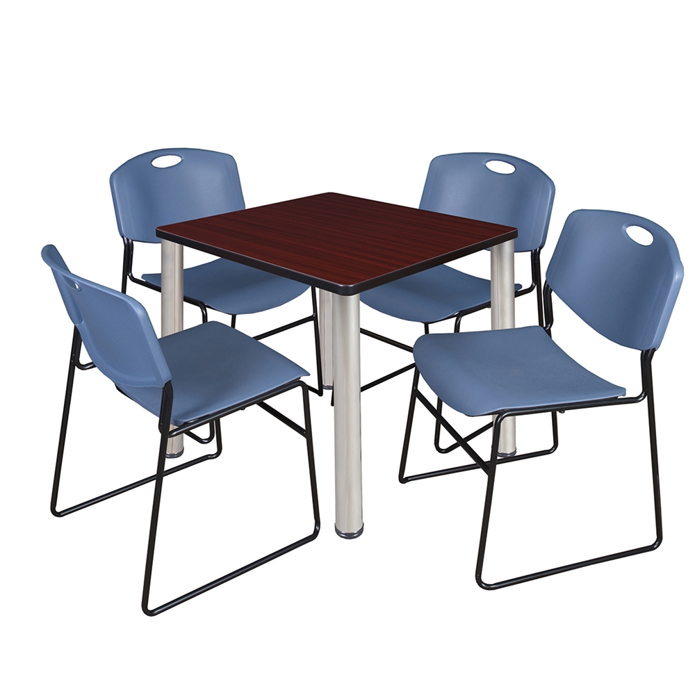 Kee 30" Square Breakroom Table- Mahogany/ Chrome & 4 Zeng Stack Chairs- Blue. Picture 1