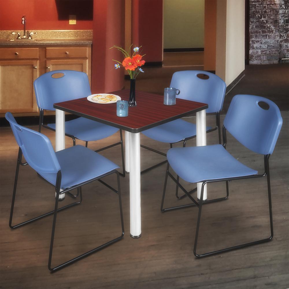Kee 30" Square Breakroom Table- Mahogany/ Chrome & 4 Zeng Stack Chairs- Blue. Picture 2