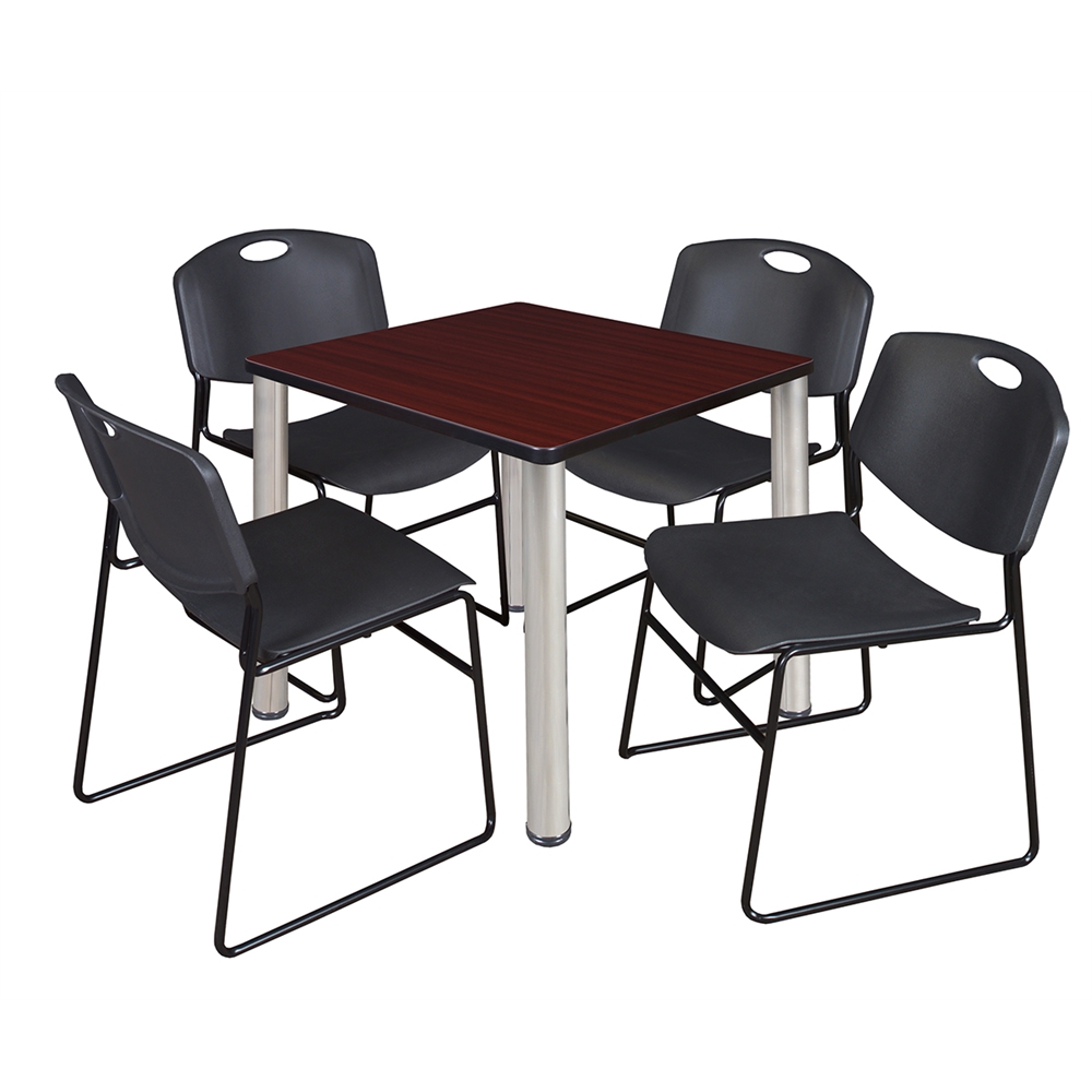 Kee 30" Square Breakroom Table- Mahogany/ Chrome & 4 Zeng Stack Chairs- Black. Picture 1