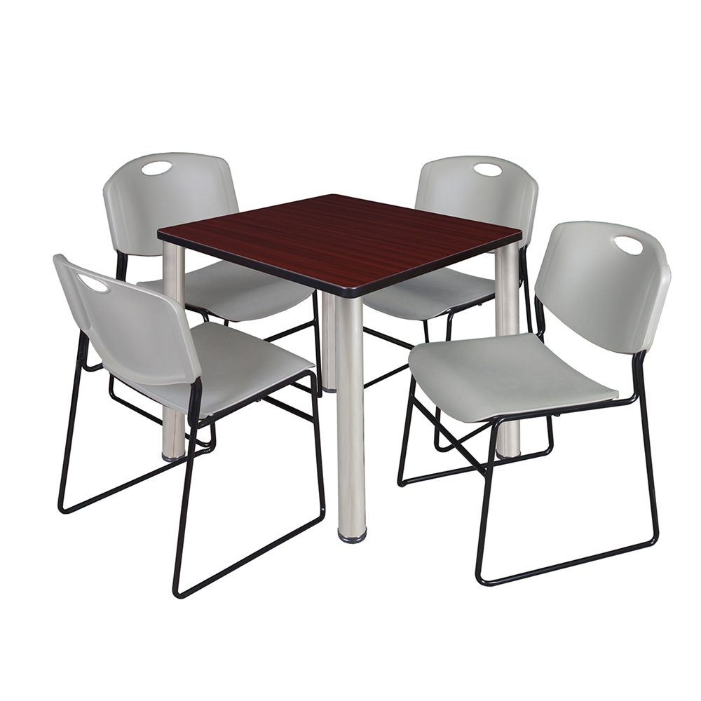 Kee 30" Square Breakroom Table- Mahogany/ Chrome & 4 Zeng Stack Chairs- Grey. Picture 1