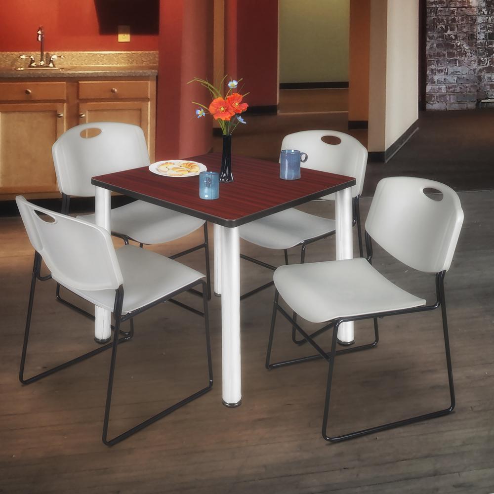 Kee 30" Square Breakroom Table- Mahogany/ Chrome & 4 Zeng Stack Chairs- Grey. Picture 2