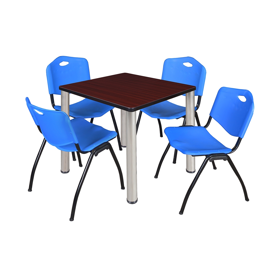 Kee 30" Square Breakroom Table- Mahogany/ Chrome & 4 'M' Stack Chairs- Blue. Picture 1