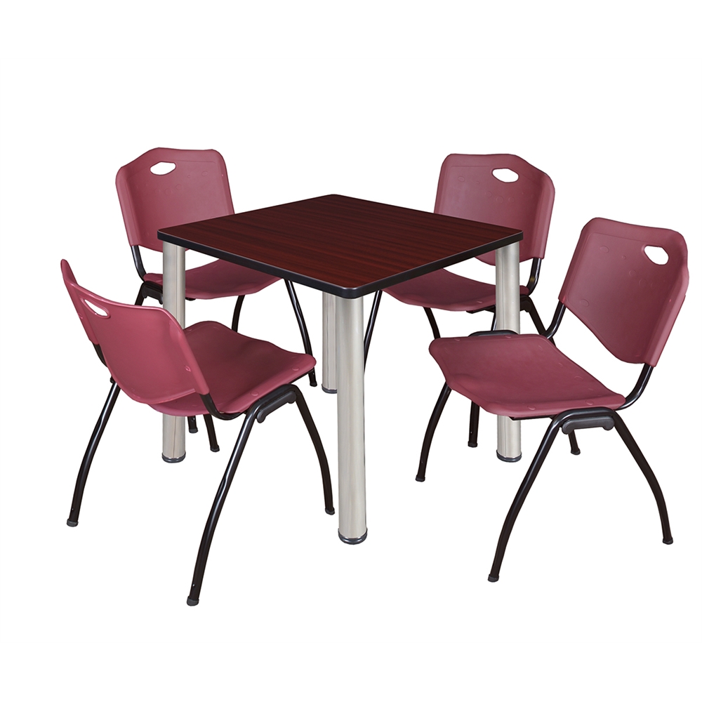 Kee 30" Square Breakroom Table- Mahogany/ Chrome & 4 'M' Stack Chairs- Burgundy. Picture 1