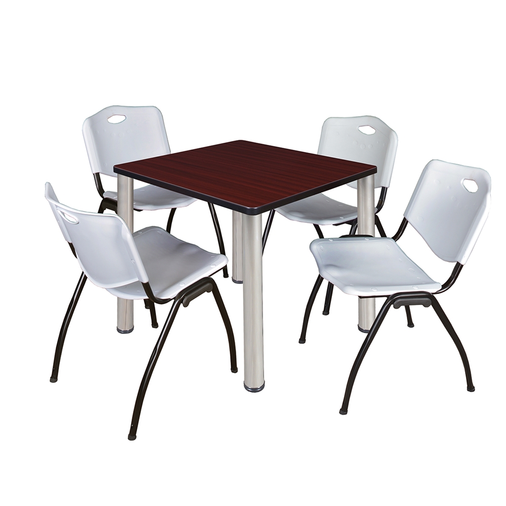 Kee 30" Square Breakroom Table- Mahogany/ Chrome & 4 'M' Stack Chairs- Grey. Picture 1