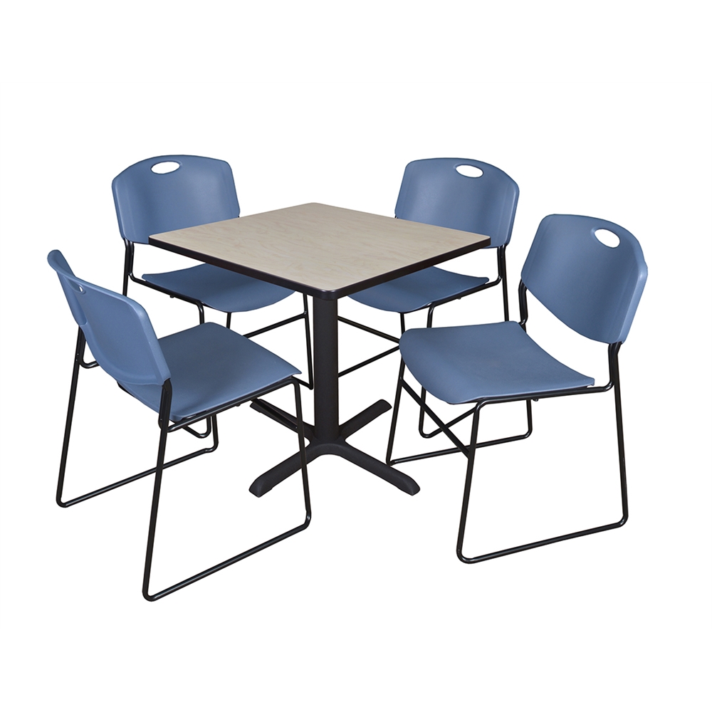 Cain 30" Square Breakroom Table- Maple & 4 Zeng Stack Chairs- Blue. Picture 1