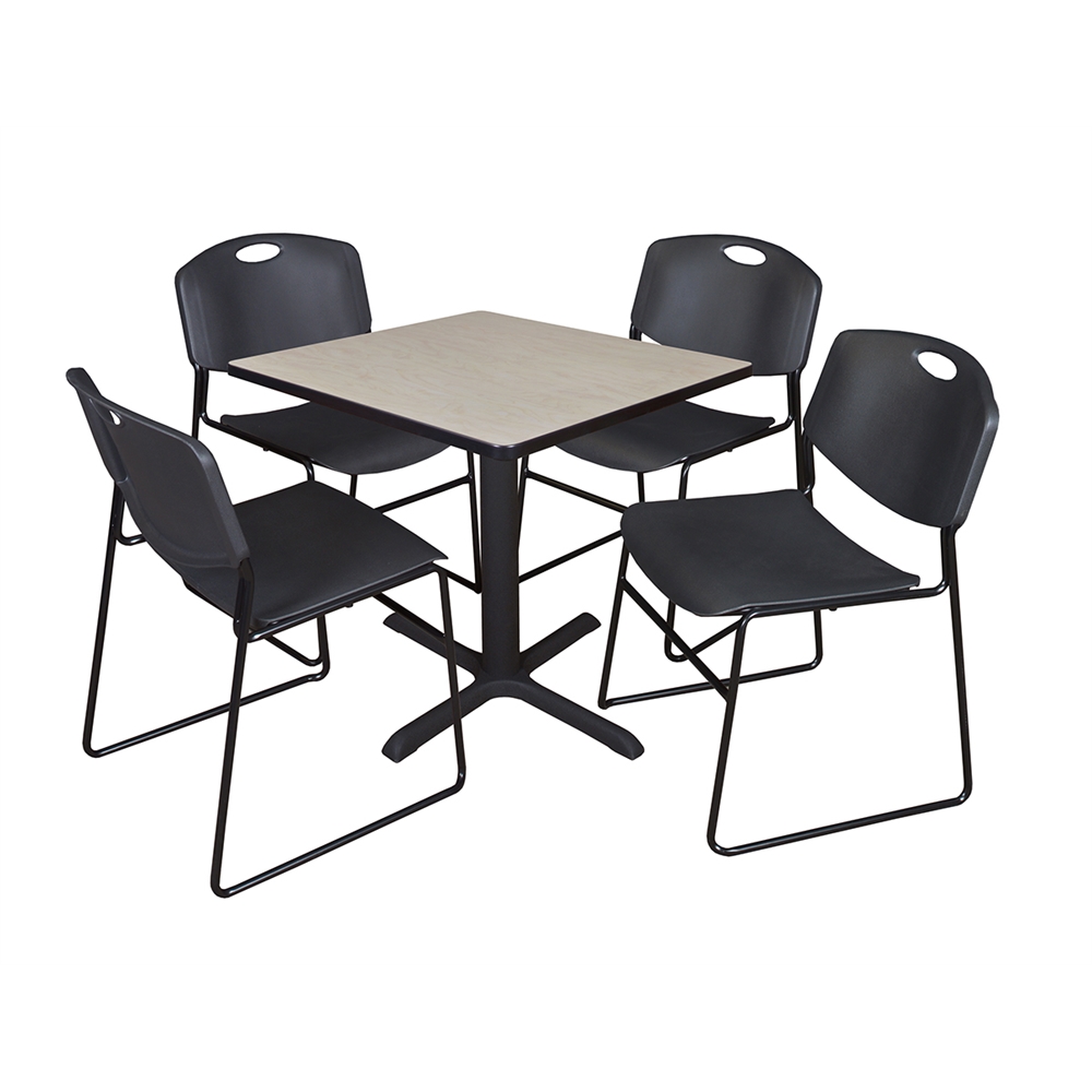 Cain 30" Square Breakroom Table- Maple & 4 Zeng Stack Chairs- Black. Picture 1