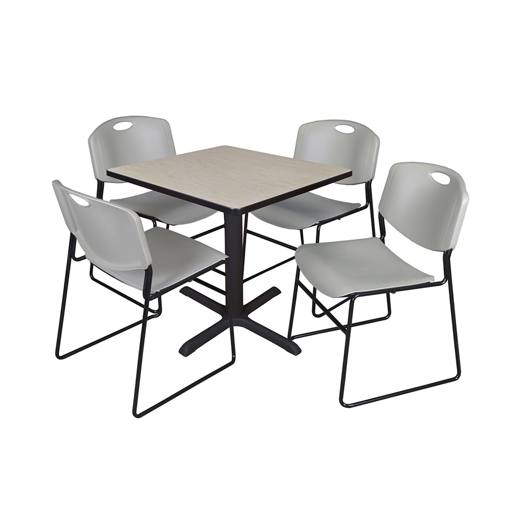 Cain 30" Square Breakroom Table- Maple & 4 Zeng Stack Chairs- Grey. Picture 1