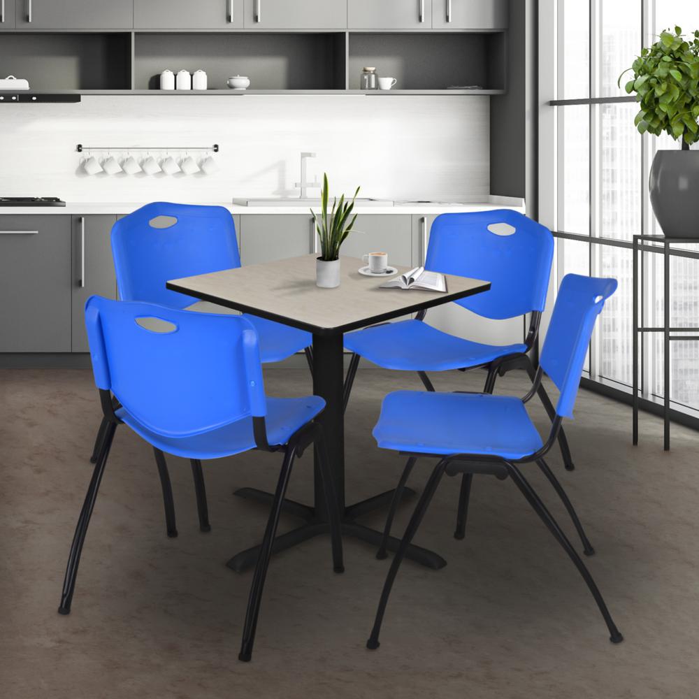 Cain 30" Square Breakroom Table- Maple & 4 'M' Stack Chairs- Blue. Picture 2