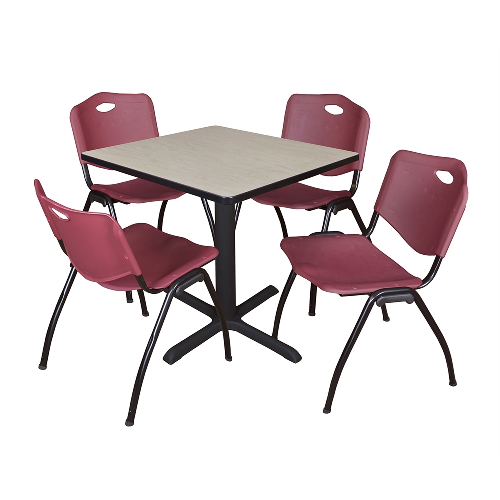 Cain 30" Square Breakroom Table- Maple & 4 'M' Stack Chairs- Burgundy. Picture 1