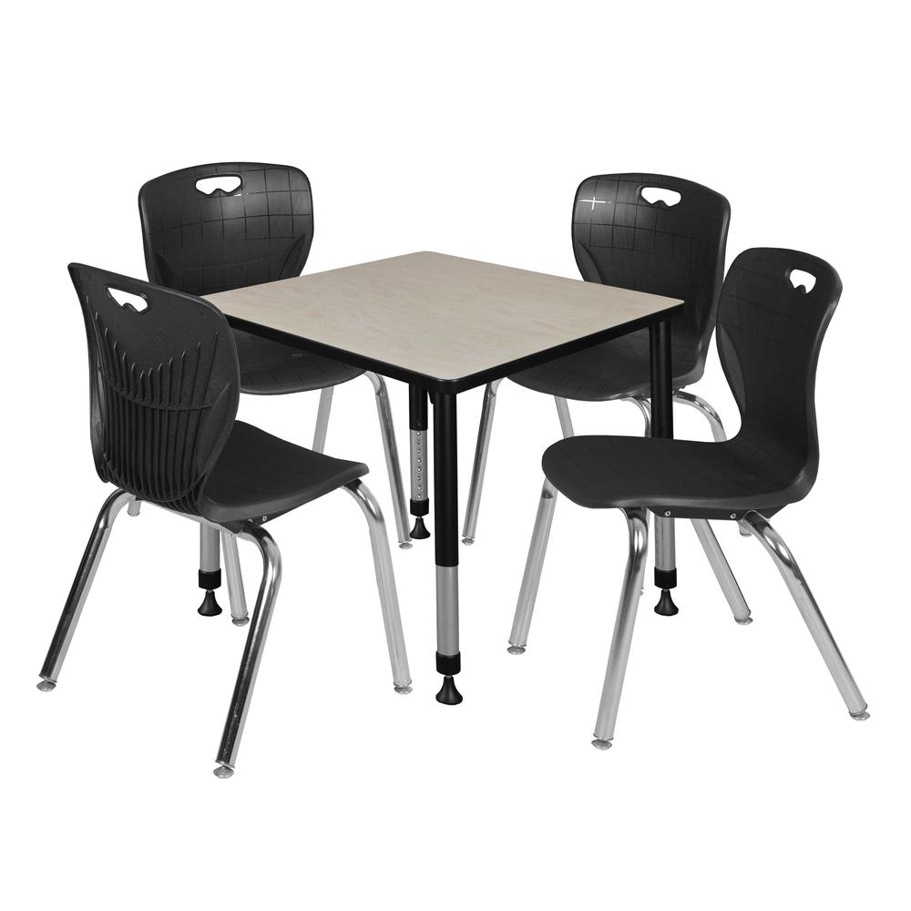 Kee 30" Square Height Adjustable Classroom Table - Maple & 4 Andy 18-in Stack Chairs- Black. Picture 1