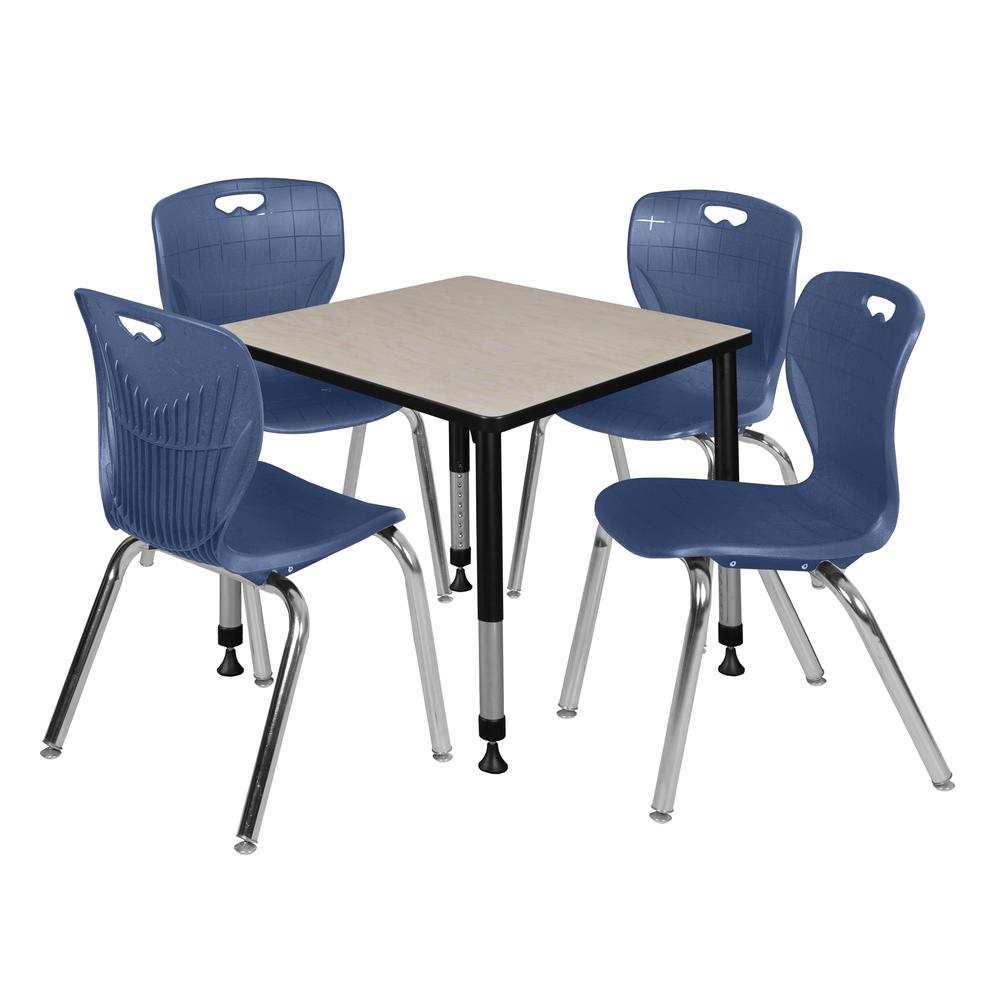 Kee 30" Square Height Adjustable Classroom Table - Maple & 4 Andy 18-in Stack Chairs- Navy Blue. Picture 1