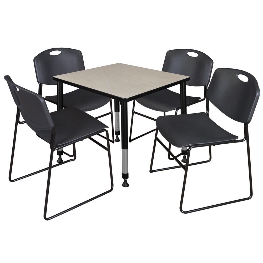 Kee 30" Square Height Adjustable Classroom Table - Maple & 4 Zeng Stack Chairs- Black. Picture 1