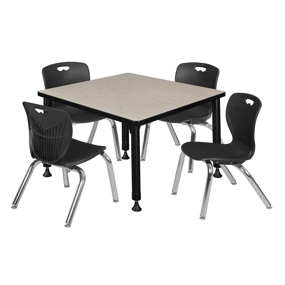 Kee 30" Square Height Adjustable Classroom Table - Maple & 4 Andy 12-in Stack Chairs- Black. Picture 1