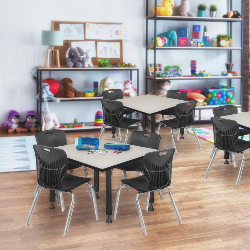 Kee 30" Square Height Adjustable Classroom Table - Maple & 4 Andy 12-in Stack Chairs- Black. Picture 7