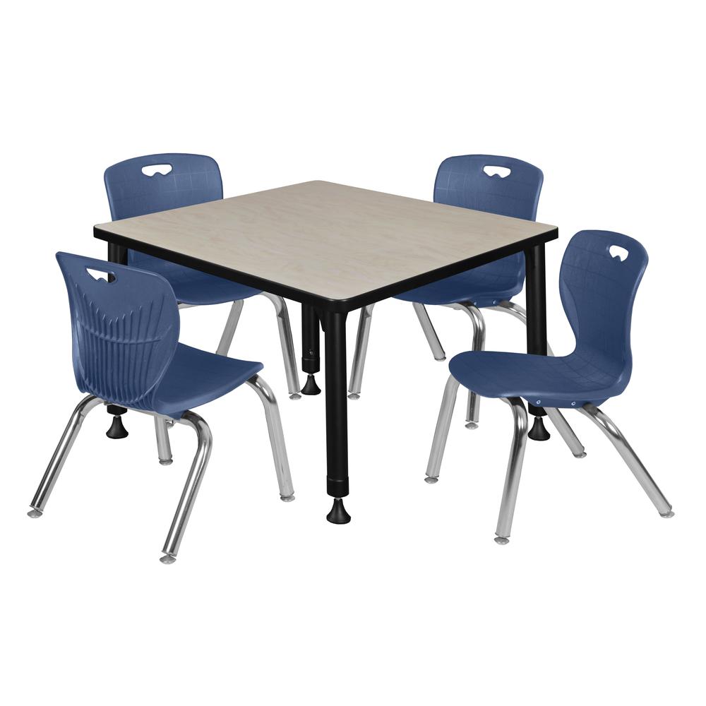 Kee 30" Square Height Adjustable Classroom Table - Maple & 4 Andy 12-in Stack Chairs- Navy Blue. Picture 1