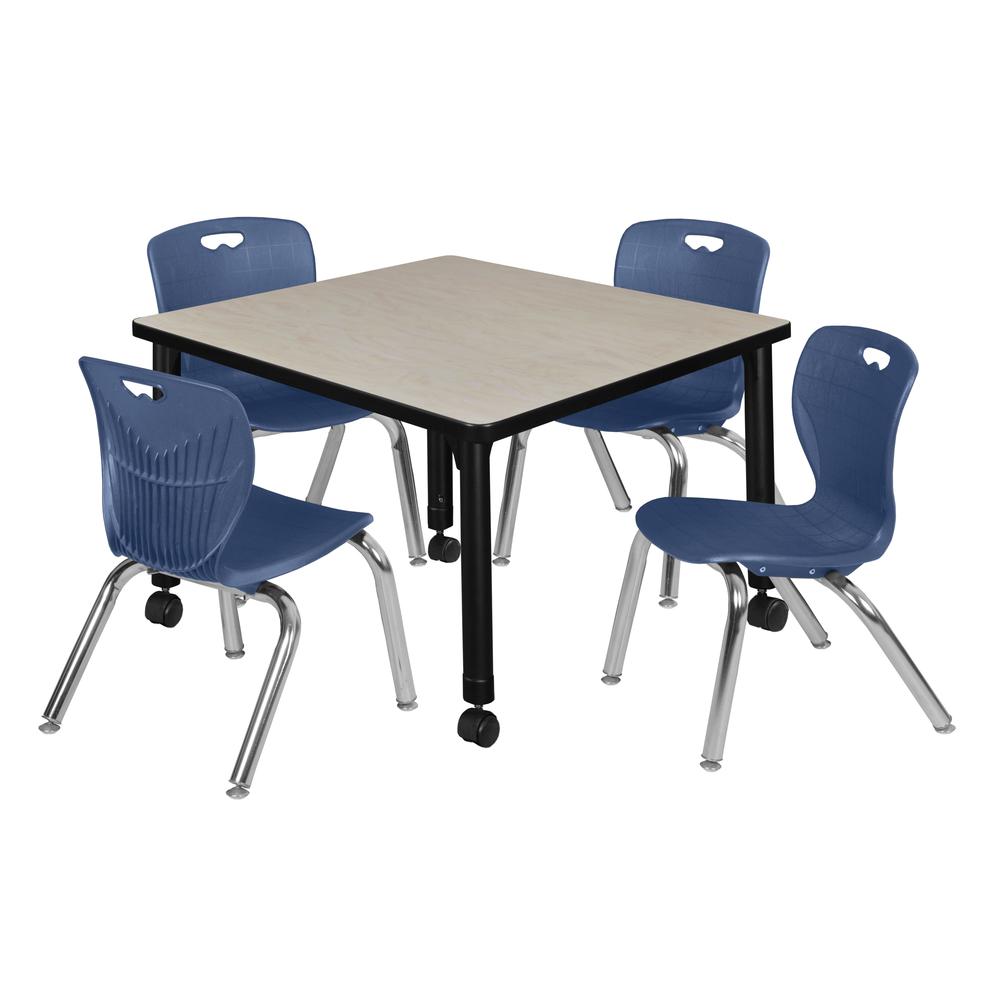 Kee 30" Square Height Adjustable Mobile Classroom Table - Maple & 4 4 Andy 12-in Stack Chairs- Navy Blue. Picture 1