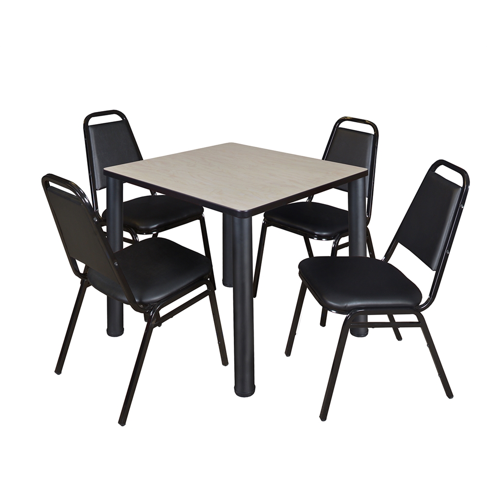Kee 30" Square Breakroom Table- Maple/ Black & 4 Restaurant Stack Chairs- Black. Picture 1