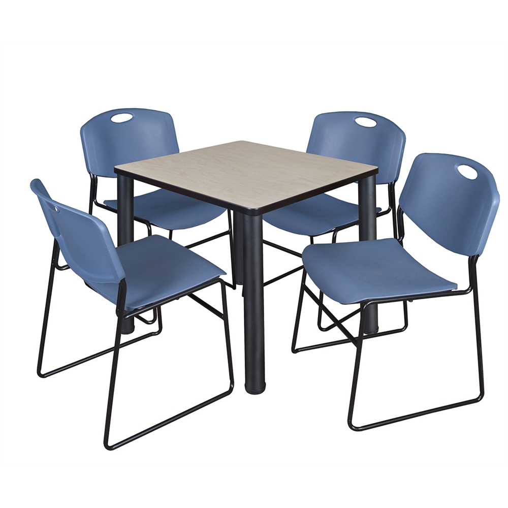 Kee 30" Square Breakroom Table- Maple/ Black & 4 Zeng Stack Chairs- Blue. Picture 1