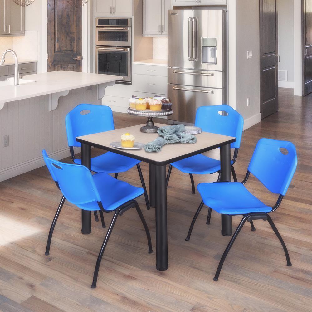 Kee 30" Square Breakroom Table- Maple/ Black & 4 'M' Stack Chairs- Blue. Picture 2