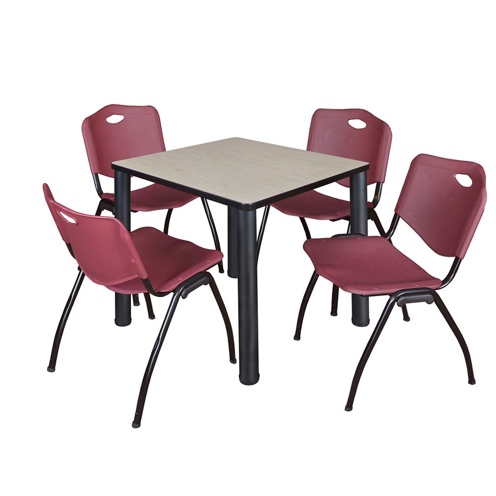 Kee 30" Square Breakroom Table- Maple/ Black & 4 'M' Stack Chairs- Burgundy. Picture 1