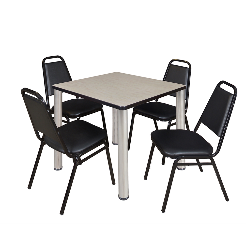 Kee 30" Square Breakroom Table- Maple/ Chrome & 4 Restaurant Stack Chairs- Black. Picture 1
