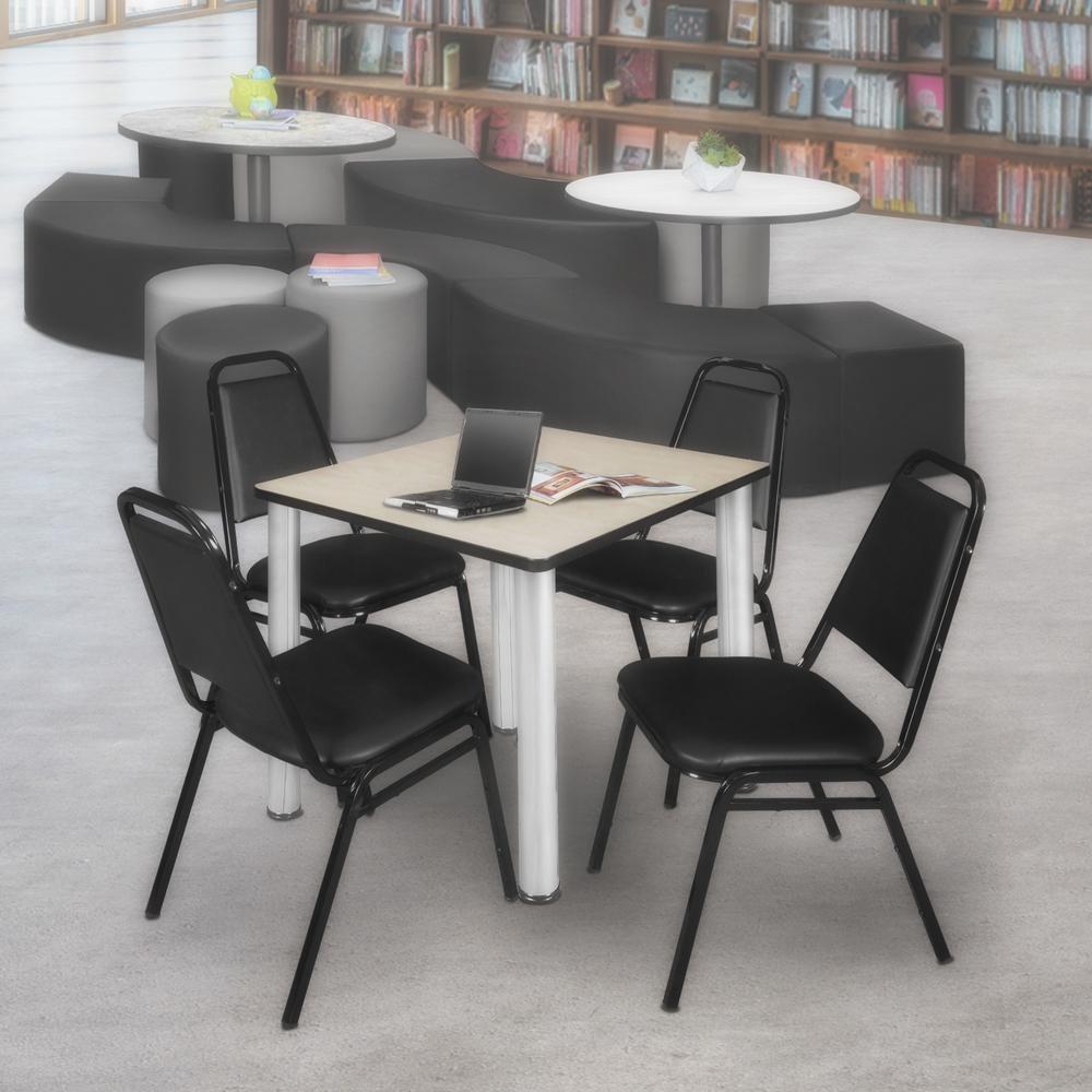 Kee 30" Square Breakroom Table- Maple/ Chrome & 4 Restaurant Stack Chairs- Black. Picture 2