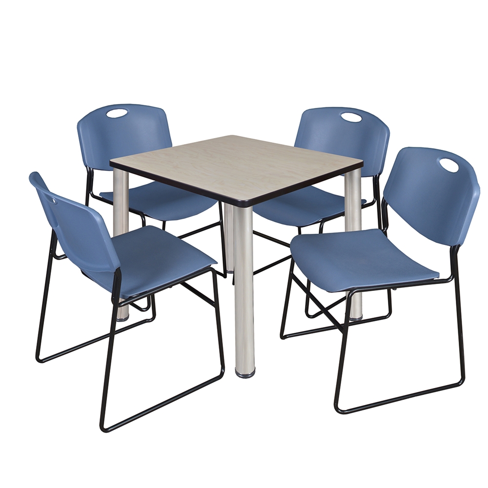 Kee 30" Square Breakroom Table- Maple/ Chrome & 4 Zeng Stack Chairs- Blue. Picture 1