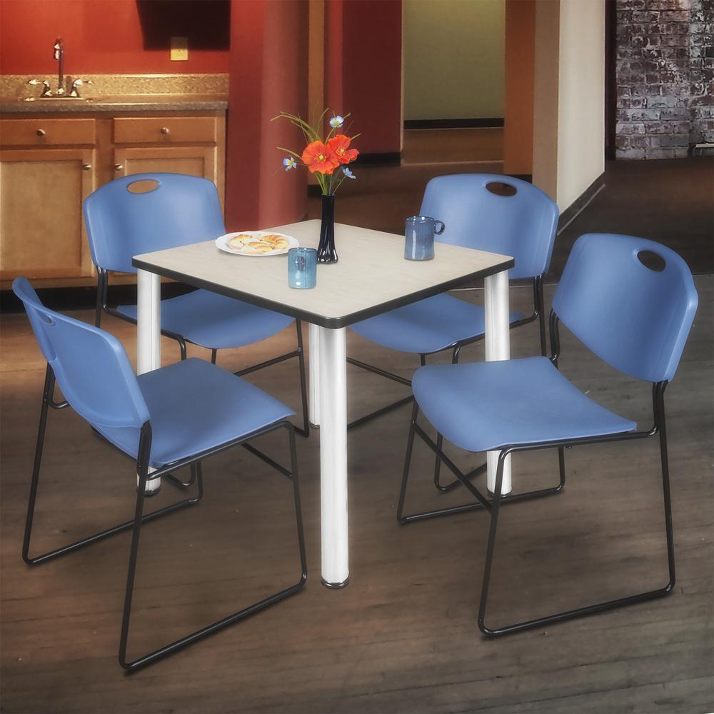 Kee 30" Square Breakroom Table- Maple/ Chrome & 4 Zeng Stack Chairs- Blue. Picture 2