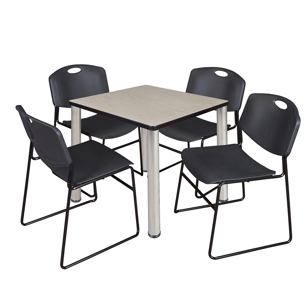 Kee 30" Square Breakroom Table- Maple/ Chrome & 4 Zeng Stack Chairs- Black. The main picture.