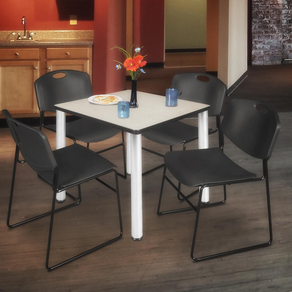 Kee 30" Square Breakroom Table- Maple/ Chrome & 4 Zeng Stack Chairs- Black. Picture 2