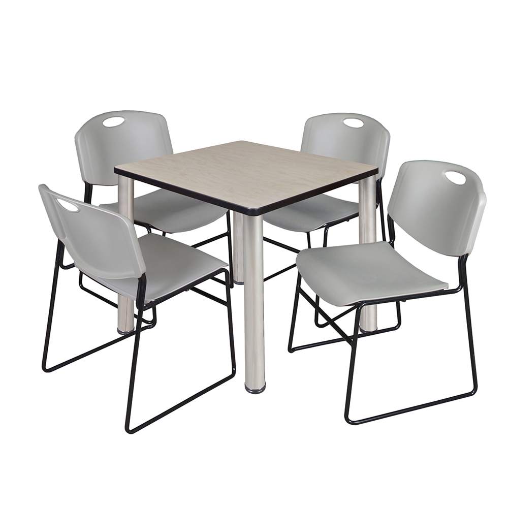 Kee 30" Square Breakroom Table- Maple/ Chrome & 4 Zeng Stack Chairs- Grey. Picture 1