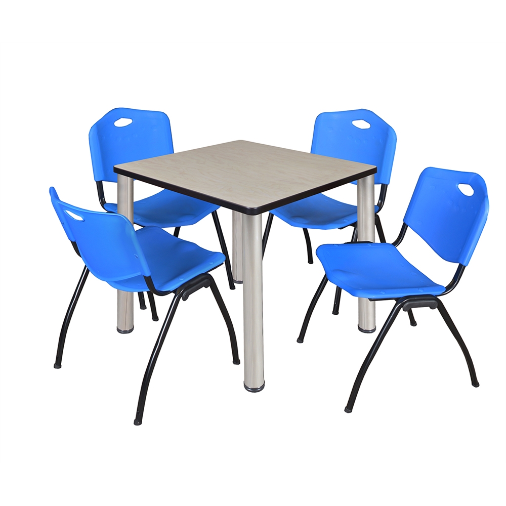 Kee 30" Square Breakroom Table- Maple/ Chrome & 4 'M' Stack Chairs- Blue. Picture 1