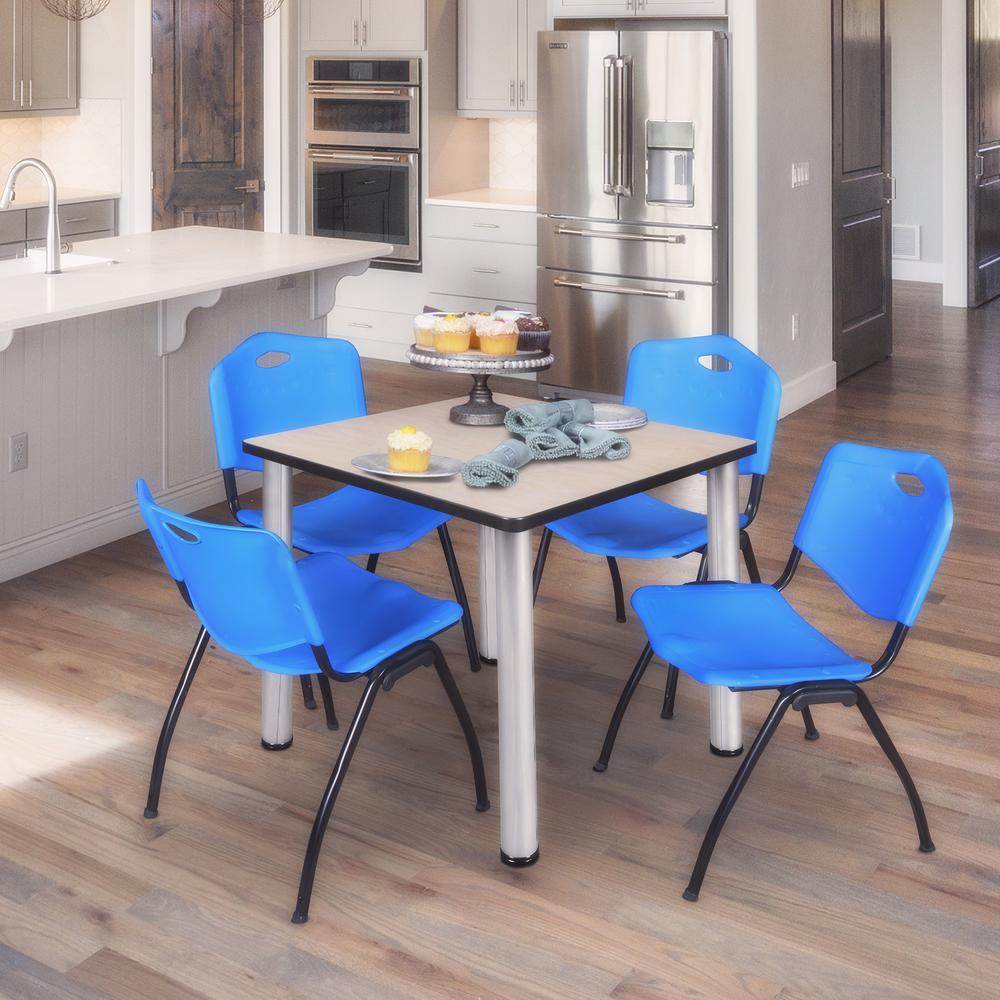 Kee 30" Square Breakroom Table- Maple/ Chrome & 4 'M' Stack Chairs- Blue. Picture 2