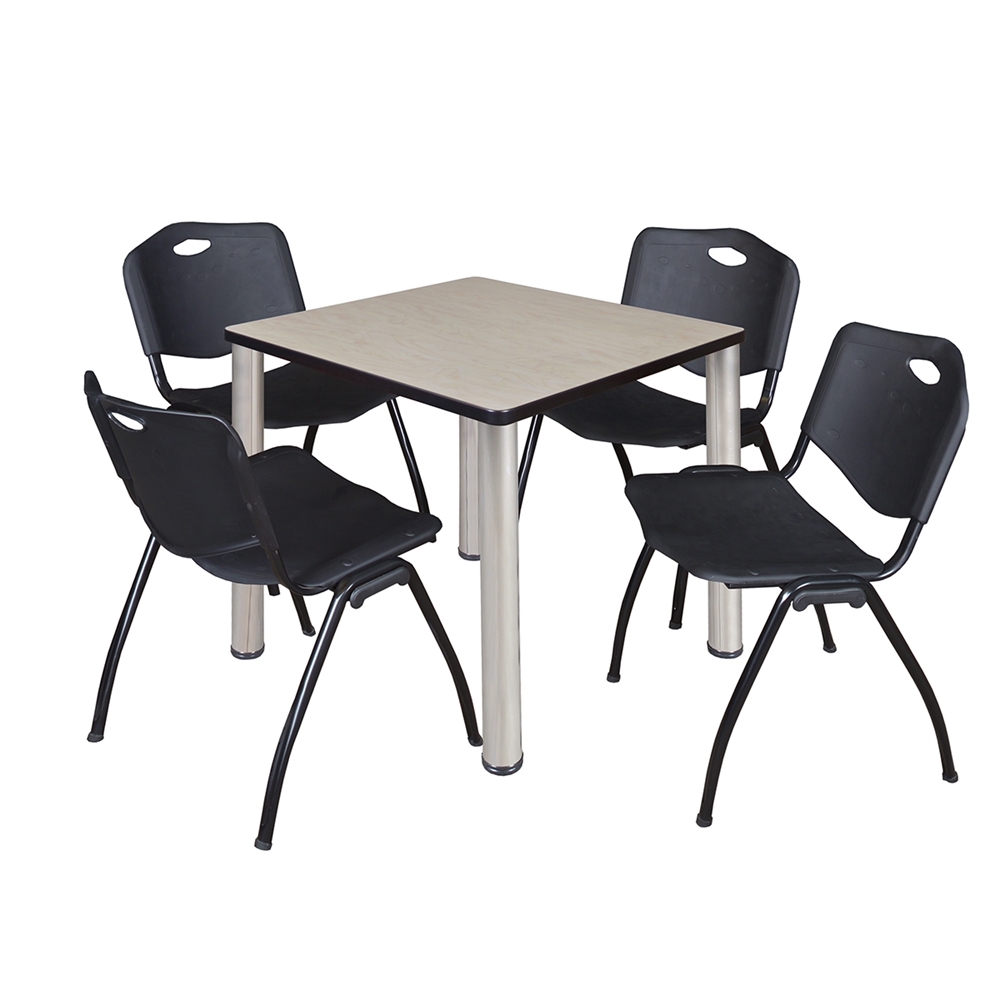 Kee 30" Square Breakroom Table- Maple/ Chrome & 4 'M' Stack Chairs- Black. Picture 1