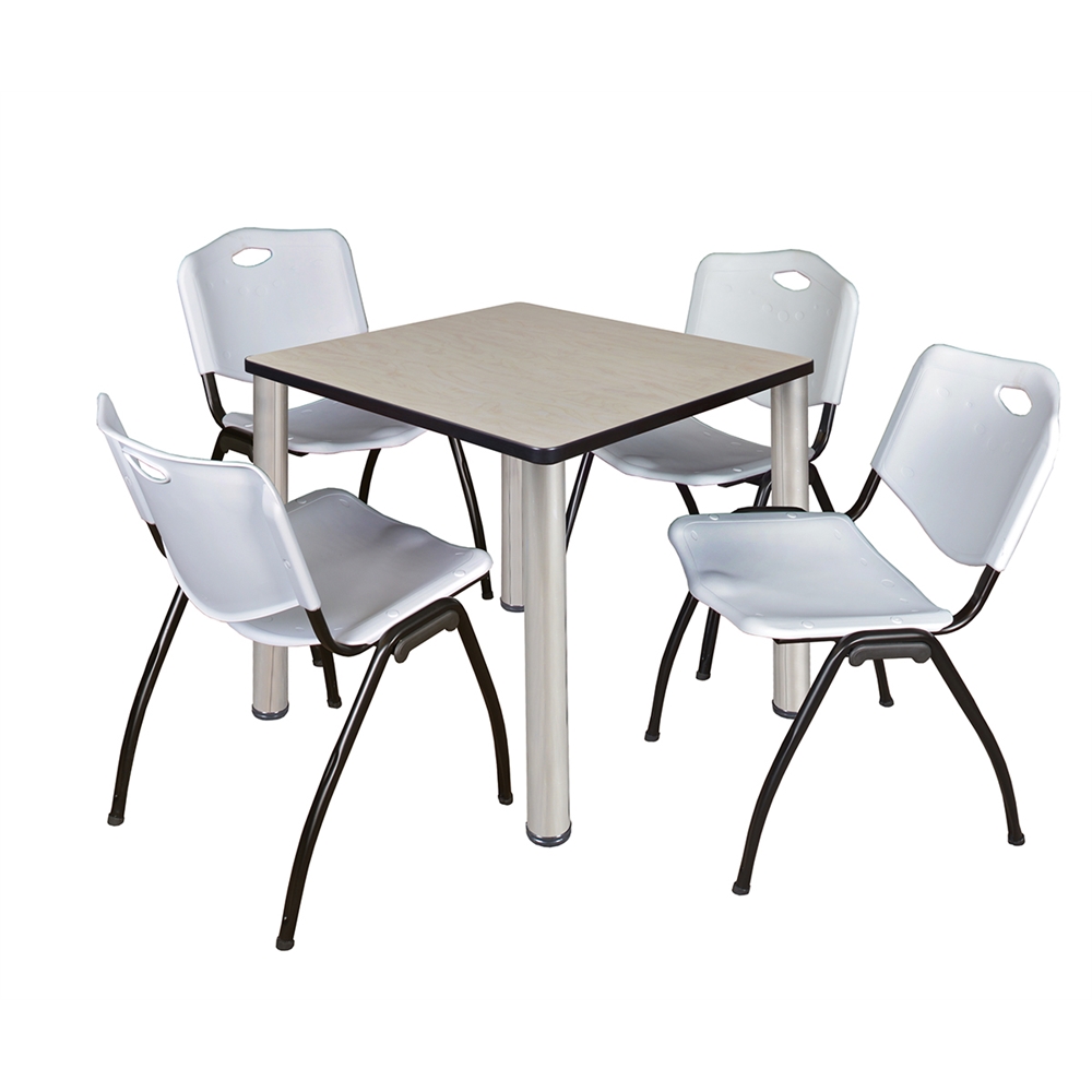 Kee 30" Square Breakroom Table- Maple/ Chrome & 4 'M' Stack Chairs- Grey. Picture 1
