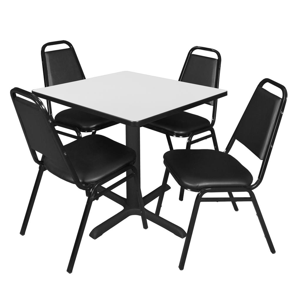 Regency Cain 30 in. Square Breakroom Table- White & 4 Restaurant Stack Chairs- Black. Picture 1