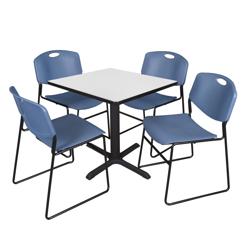 Regency Cain 30 in. Square Breakroom Table- White & 4 Zeng Stack Chairs- Blue. Picture 1