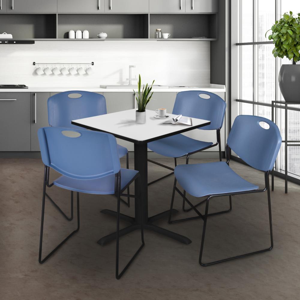 Regency Cain 30 in. Square Breakroom Table- White & 4 Zeng Stack Chairs- Blue. Picture 8