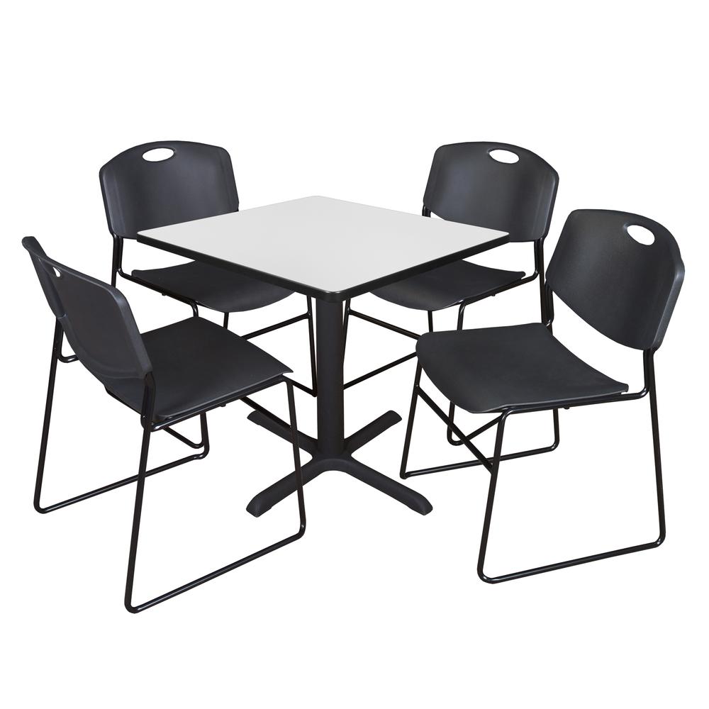 Regency Cain 30 in. Square Breakroom Table- White & 4 Zeng Stack Chairs- Black. Picture 1