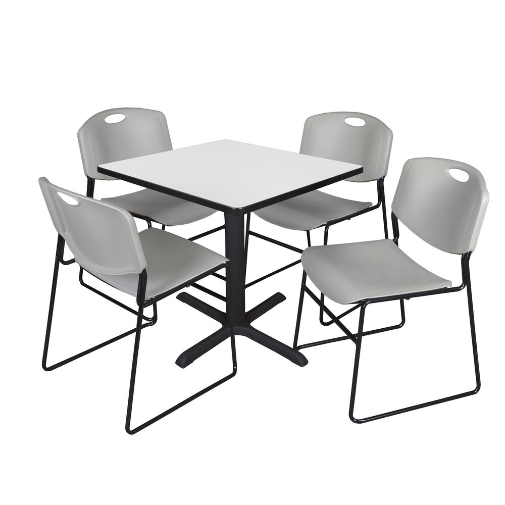 Regency Cain 30 in. Square Breakroom Table- White & 4 Zeng Stack Chairs- Grey. Picture 1